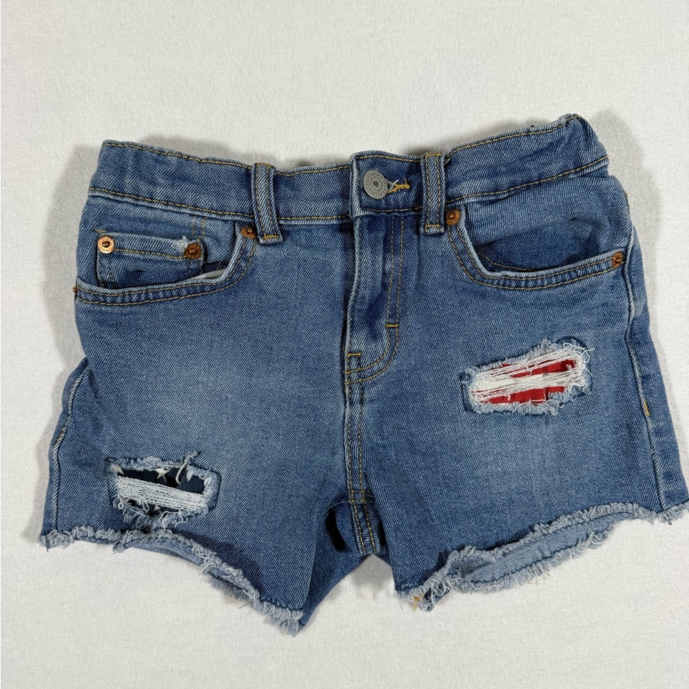 Levi's Blue Distressed Denim Kids Shorts with Red and Navy Patches